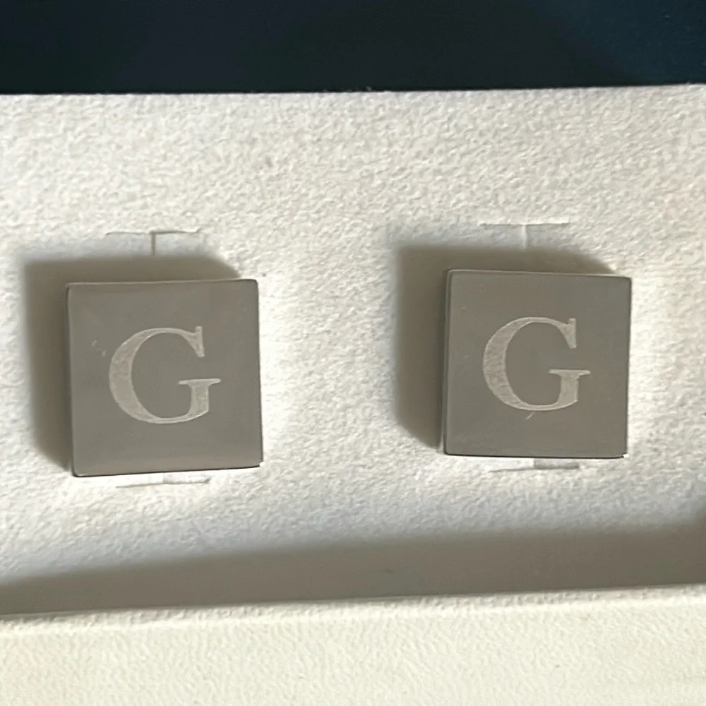 New Dual Monocle Monogrammed Square “G” Initial Cufflinks Silver Tone